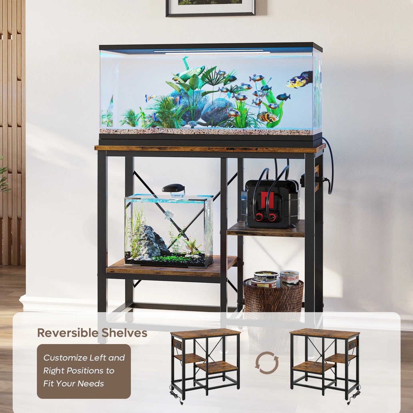 20-29-37 Gallon Fish Tank Stand with Power Outlets, 3-Tier Heavy Duty Metal Aquarium Stand Reversible Storage Shelf