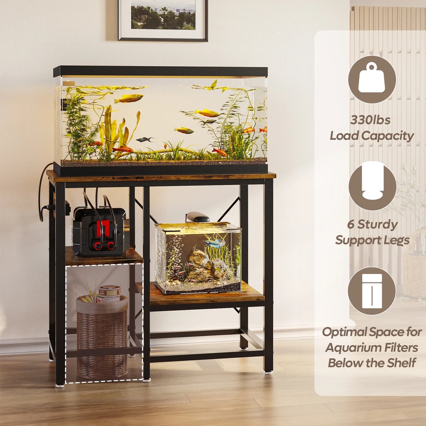 20-29-37 Gallon Fish Tank Stand with Power Outlets, 3-Tier Heavy Duty Metal Aquarium Stand Reversible Storage Shelf