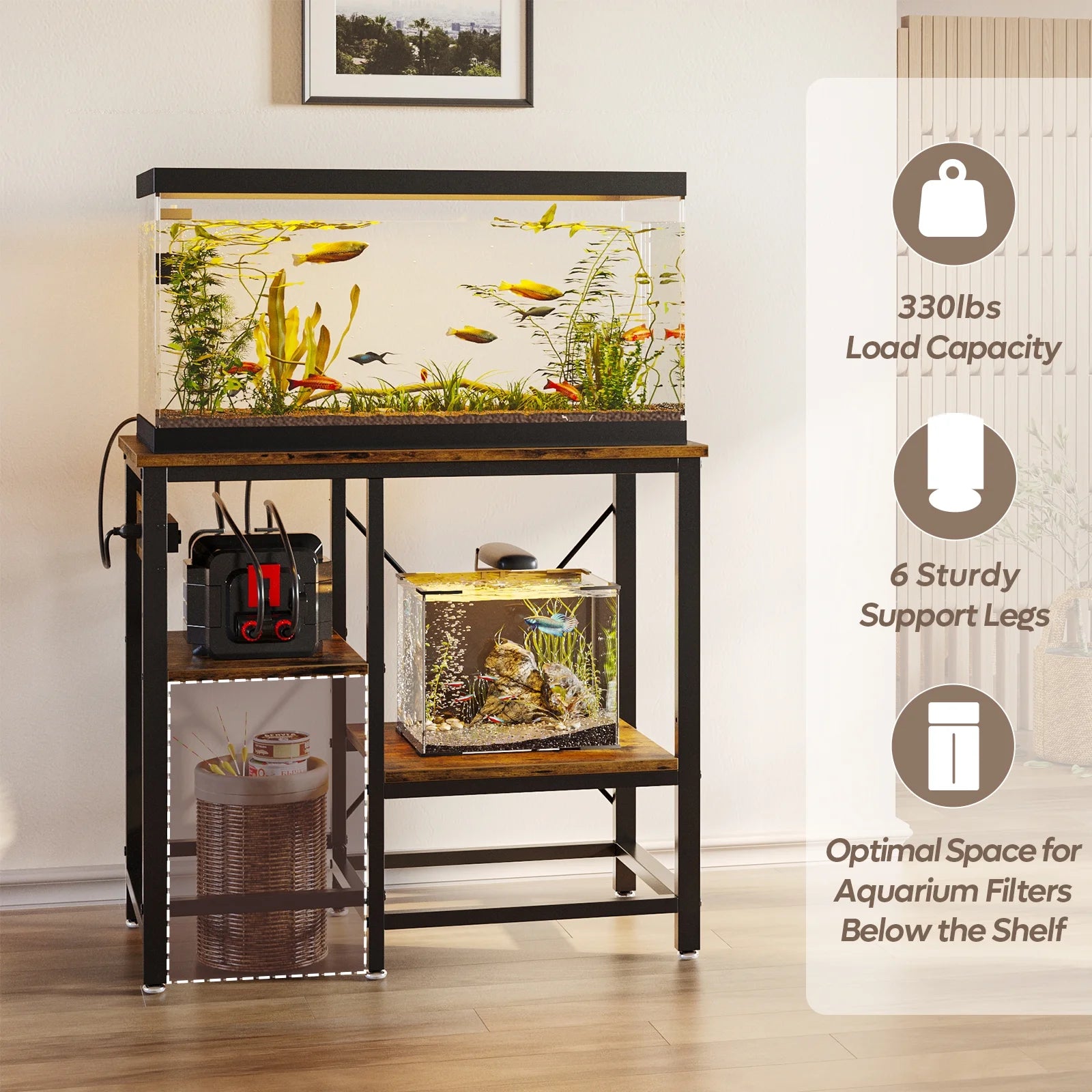 20-29-37 Gallon Fish Tank Stand with Power Outlets, 3-Tier Heavy Duty Metal Aquarium Stand Reversible Storage Shelf