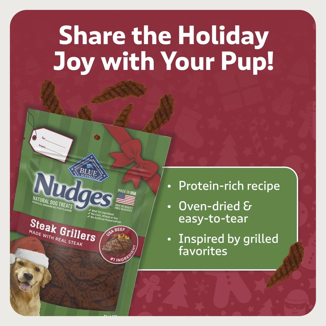 Nudges Steak Grillers, Natural Holiday Dog Treats, Beef, 5Oz Bag