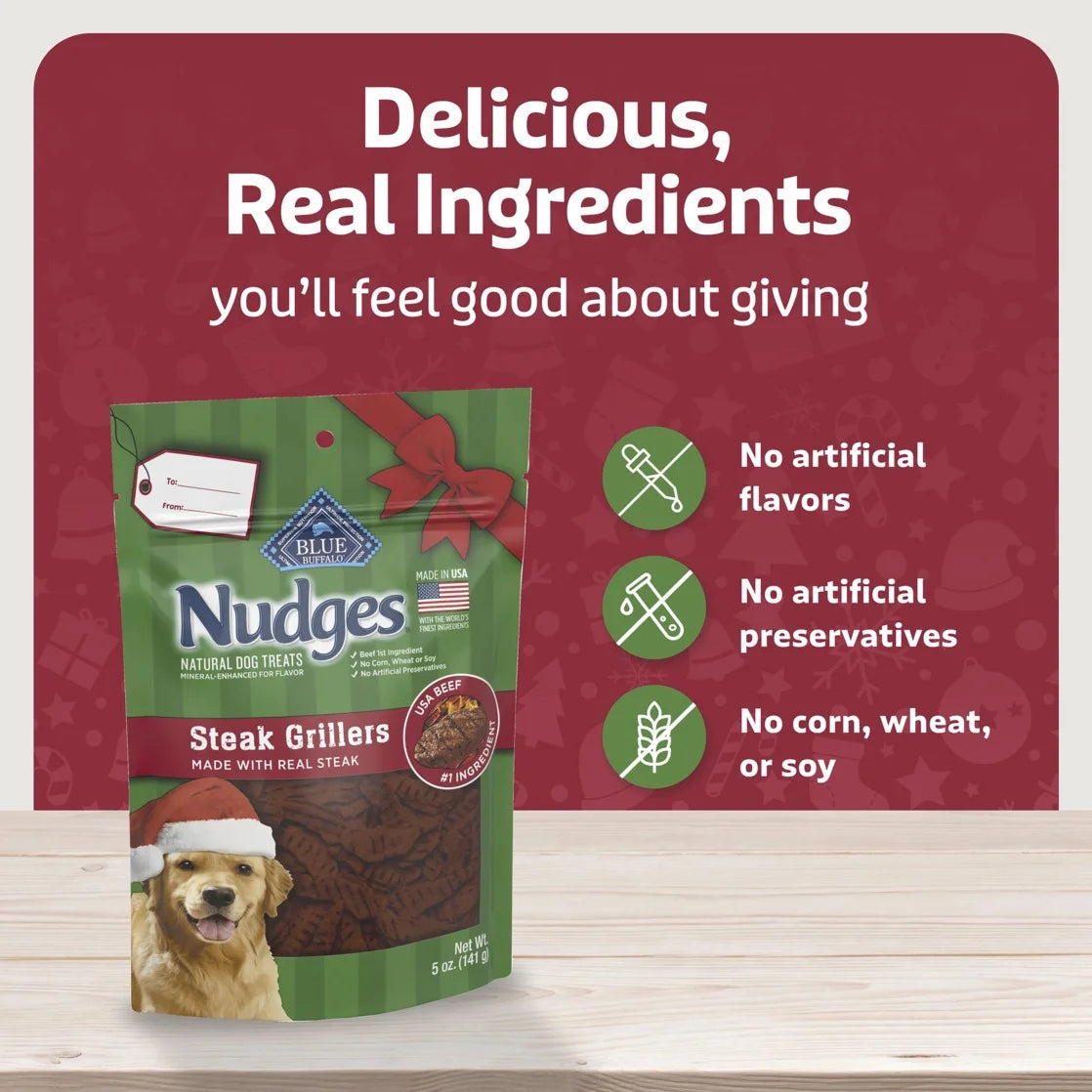 Nudges Steak Grillers, Natural Holiday Dog Treats, Beef, 5Oz Bag