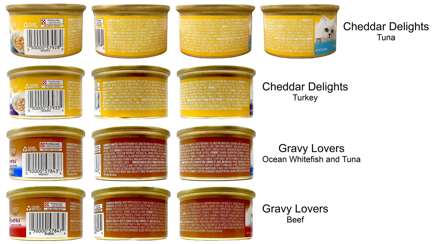 Fancy Feast Adult Cat Food 4 Flavor 8 Can Sampler (2) Each: Whitefish Tuna Gravy Lovers, Beef Feast, Cheddar Delights Grilled Turkey, Grilled Tuna (3 Ounces)  Zine + Toy