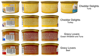 Fancy Feast Adult Cat Food 4 Flavor 8 Can Sampler (2) Each: Whitefish Tuna Gravy Lovers, Beef Feast, Cheddar Delights Grilled Turkey, Grilled Tuna (3 Ounces)  Zine + Toy
