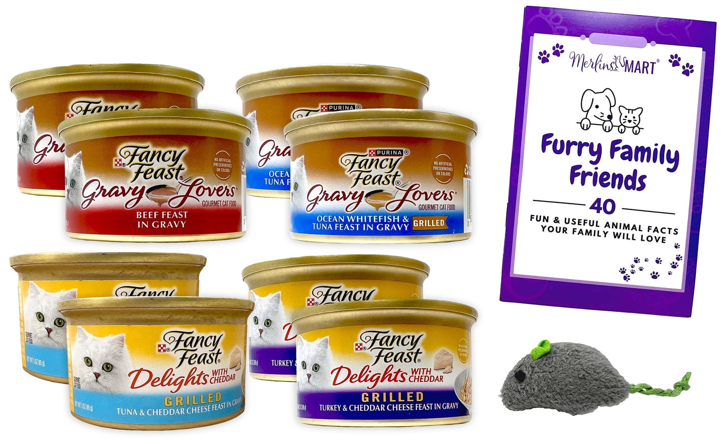 Fancy Feast Adult Cat Food 4 Flavor 8 Can Sampler (2) Each: Whitefish Tuna Gravy Lovers, Beef Feast, Cheddar Delights Grilled Turkey, Grilled Tuna (3 Ounces)  Zine + Toy