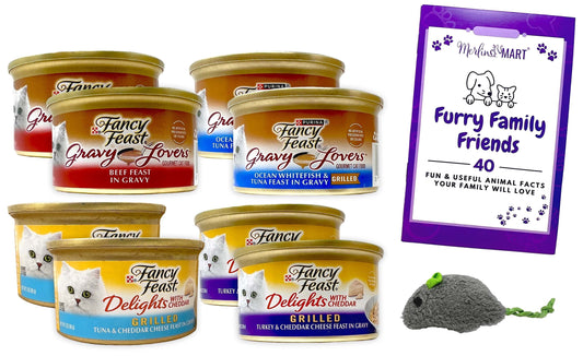 Fancy Feast Adult Cat Food 4 Flavor 8 Can Sampler (2) Each: Whitefish Tuna Gravy Lovers, Beef Feast, Cheddar Delights Grilled Turkey, Grilled Tuna (3 Ounces)  Zine + Toy