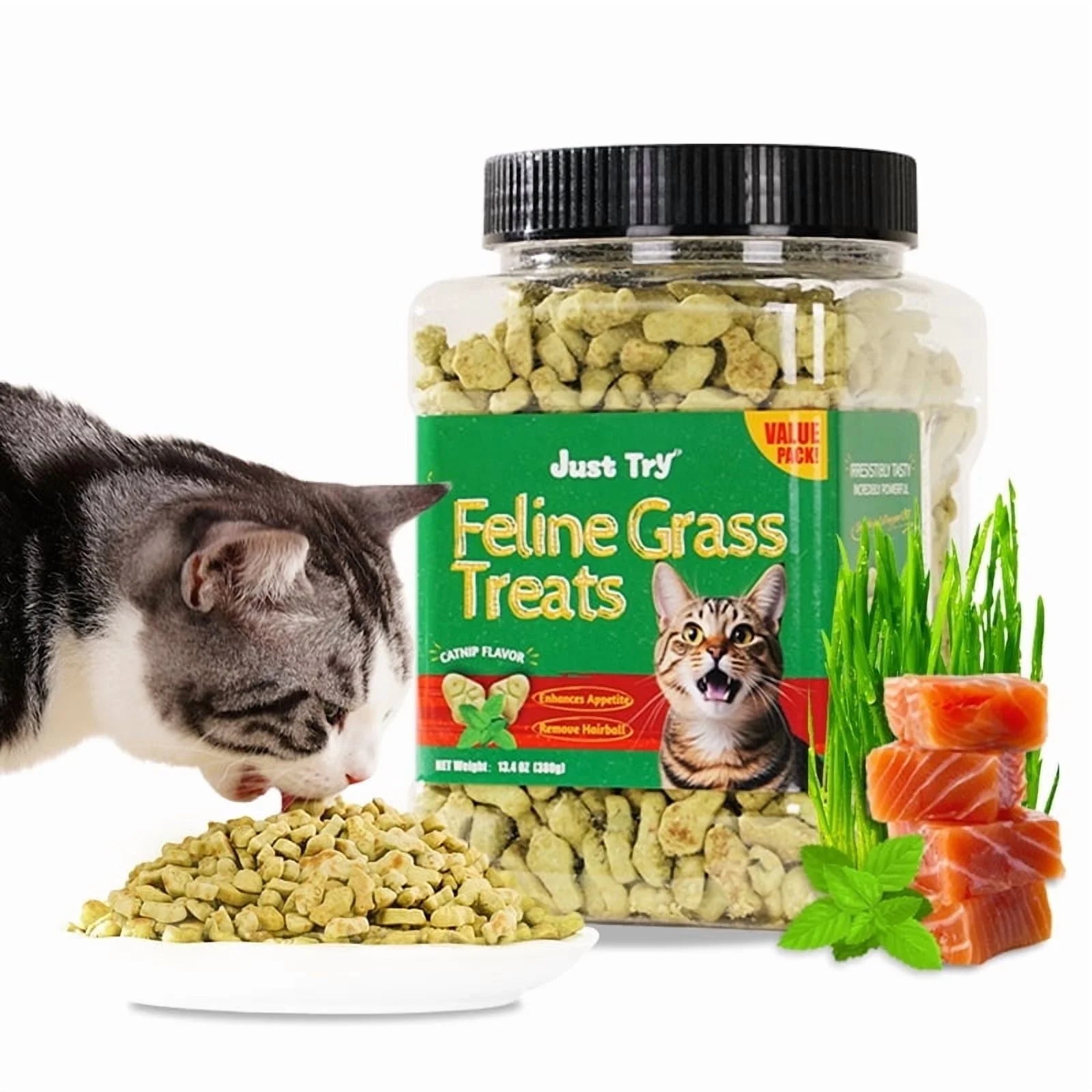 Cat Grass Treats, Natural Salmon Flavor, Healthy Cat Training Biscuits, Catnip, for Dental and Hairball Control, 13.4 Oz
