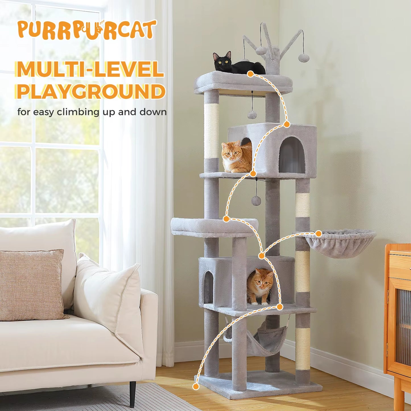 Multi-Level Cat Tree for Indoor Large Cat Tower with Scratching Posts Spacious Cat Condo Soft Top Perch Cat Furniture Cat Toys