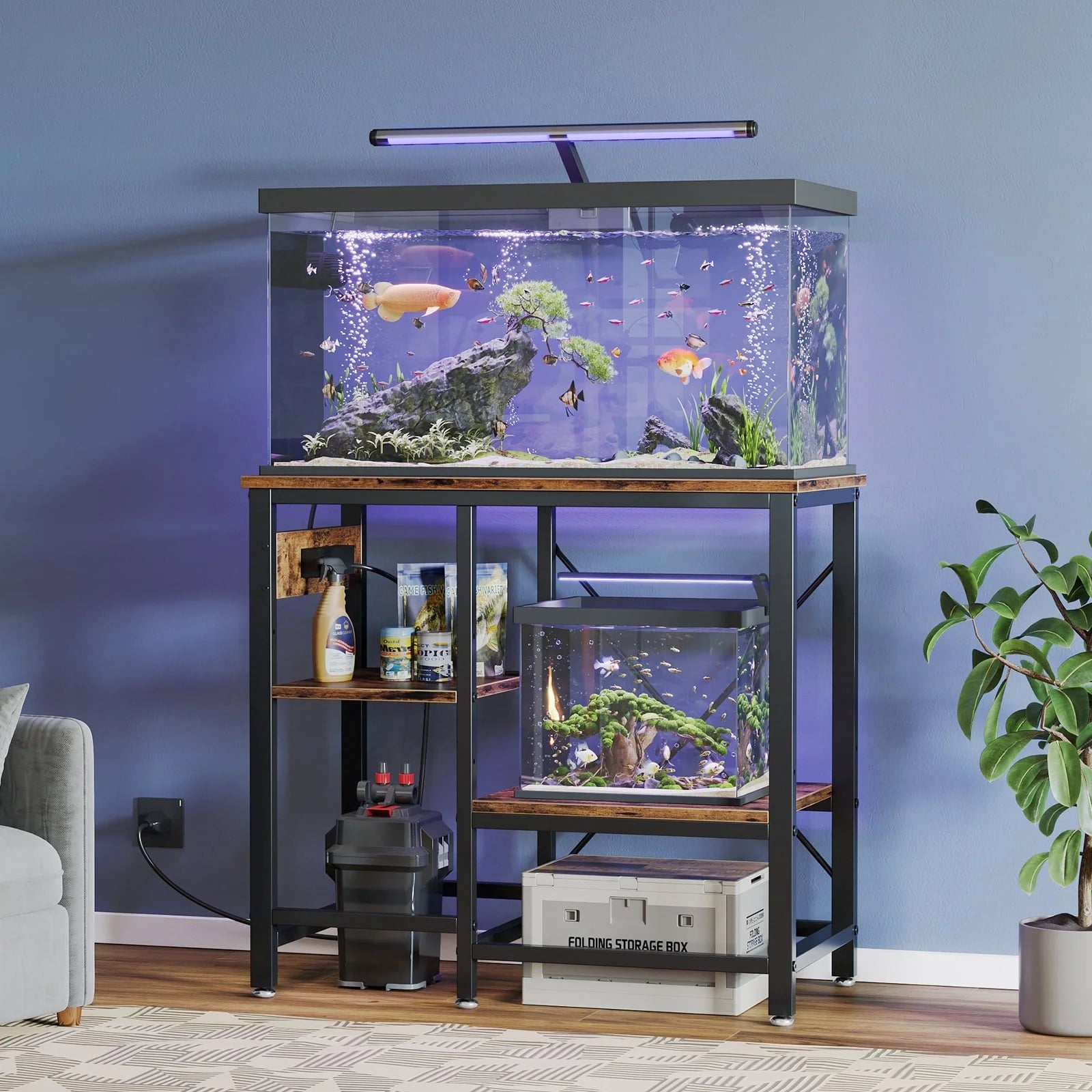 20-29-37 Gallon Fish Tank Stand with Power Outlets, 3-Tier Heavy Duty Metal Aquarium Stand Reversible Storage Shelf